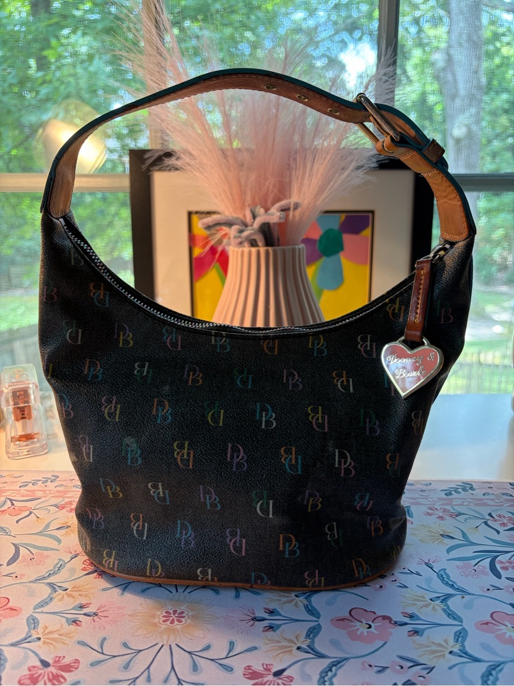 Dooney & Bourke Black Multicolor Logo Shoulder Hobo